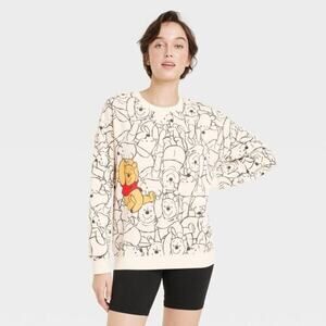 Disney Women's White Black Winnie The Pooh AOP Cozy Graphic Sweatshirt Size 2XL